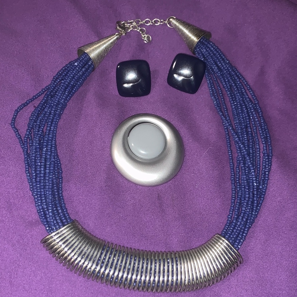 Vintage Silver and Blue Beaded Necklace Set